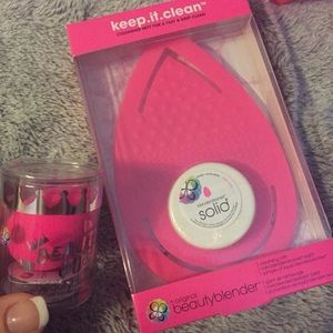 Beauty blender, cleaning mat, and cleanser